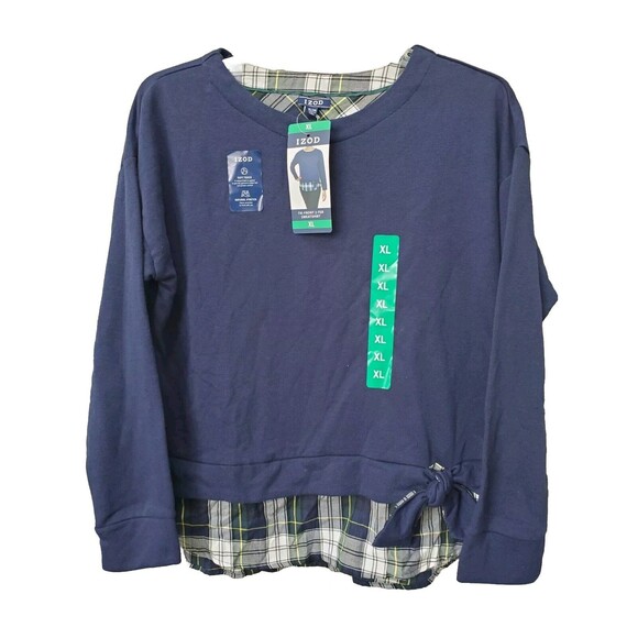 IZOD Women's Blue Cotton Blend Long Sleeve Tie-Front 2-Fer Sweatshirt Sz XL NWT - Picture 1 of 9